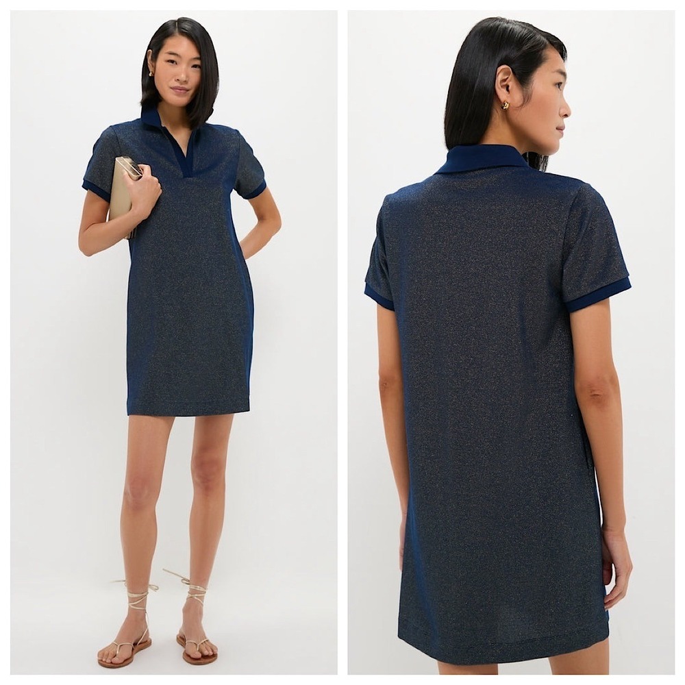 Tuckernuck Hutton Polo Dress Womens Sz L Navy Gold Metallic Short Sleeve